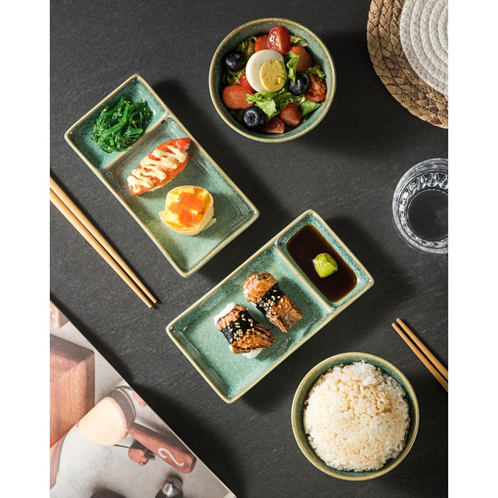 Набір посуду для суші HENXFEN: 2 тарілки, ложки, миски, зелений блиск