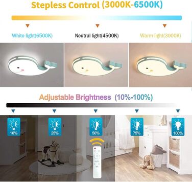 LED Ceiling Lamp Dolphin Shape, Dimmable with Remote Control, Boy Girl Baby Kids Children's Room Lamps Ceiling, Children's Room, Bedroom Lamp, Room Lighting Chandelier, White, 50cm (Green, 50)