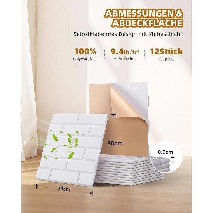 Акустичні панелі Jamelo самоклеючі 3D цегла, 30x30x0,9 см, 12 шт. — звукопоглинаючі панелі для стін у студію, спальню та офіс (Білий)