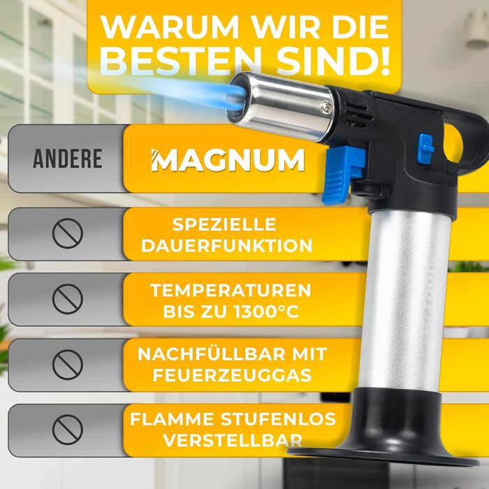 Кулінарний газовий пальник MAGNUM® для карамелізації та фламбування, 1300°C, з запасом газу 300 мл, багаторазовий преміум-пальник для Крем-брюле