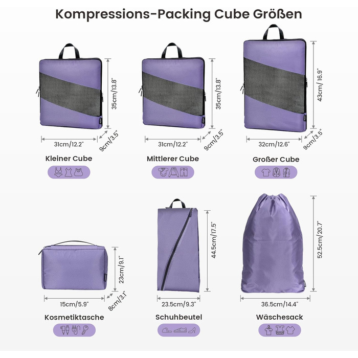 Органайзери для валізи компресійні, набір 6 шт. (Ельфенбайн, фіолетові) - Куби для пакування, компресійні пакети для подорожей