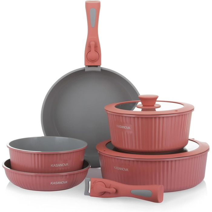 Набір каструль Kasanova Eaziclip 9 шт. з керамічним покриттям, індукційні, знімні ручки, антипригарні, рожевий