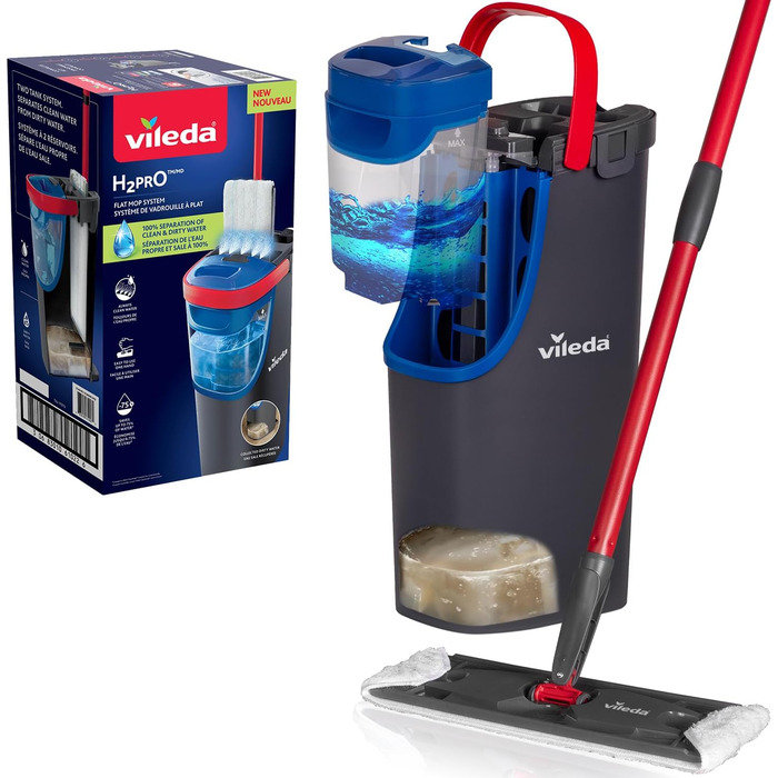 Vileda H2PrO Floor Wiper | 100% Separation of Clean and Dirty Water | Water-Saving Design | One-Hand Operation | Compact Storage | Ergonomic Handle | Microfiber | Eco-Packaging