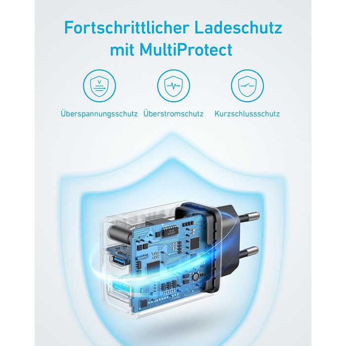 Зарядний пристрій Anker 20W USB-C, адаптер живлення для iPad, швидка зарядка, сумісний з iPhone 17/16/15, кабель USB-C (150см), чорний