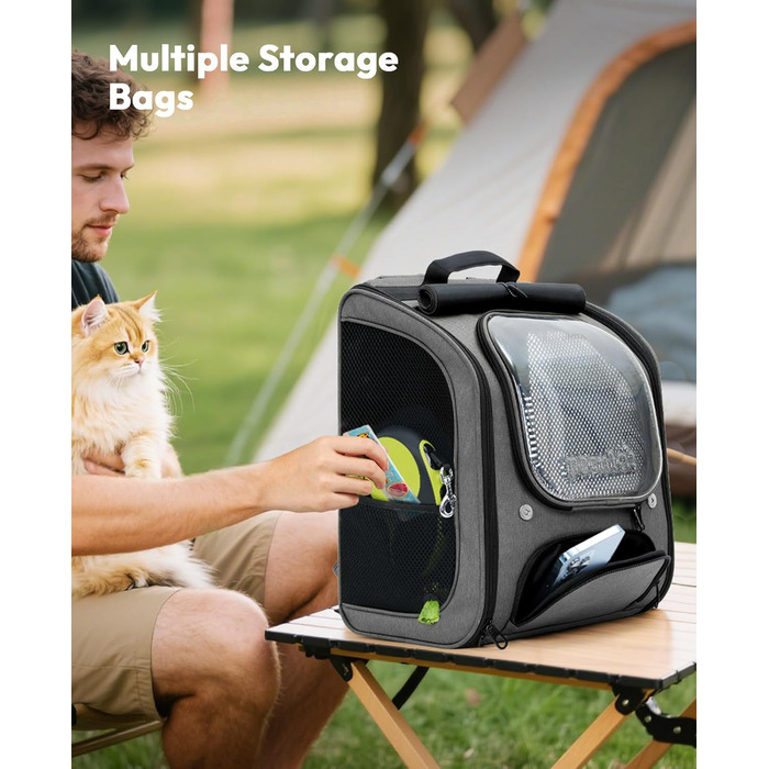 Рюкзак для кота Pecute з вікном-бульбашкою, переноска для тварин, сірий (42x32x26 см)