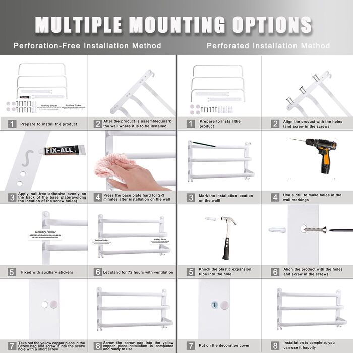 Тримач для рушників на стіну без свердління, 80 см, з гачками, 2 яруси, для ванної кімнати, кухні, туалету