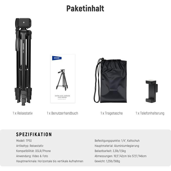 NEEWER Штатив для відеозйомки з пливним упором 72', сумісний з DJI RS Gimbal, для DSLR та відеокамер, максимальне навантаження 8кг