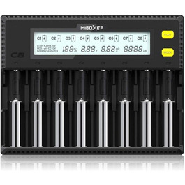 Зарядний пристрій для акумуляторів 18650 MiBOXER, 8 слотів, LCD дисплей, автоматична зарядка Li-Ion, LiFePO4, NI-MH, NI-Cd, AA, AAA, C, 21700, 26650, 13650, 16340, 18350, 18700, RCR123, C8
