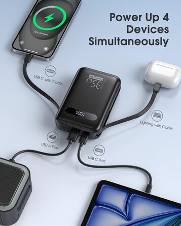 Powerbank 20000mAh з PD 35W, USB-C кабель, LED дисплеєм та 8 Pin кабелем. Чорний акумулятор для iPhone, iPad, Samsung Galaxy, Huawei та інших пристроїв