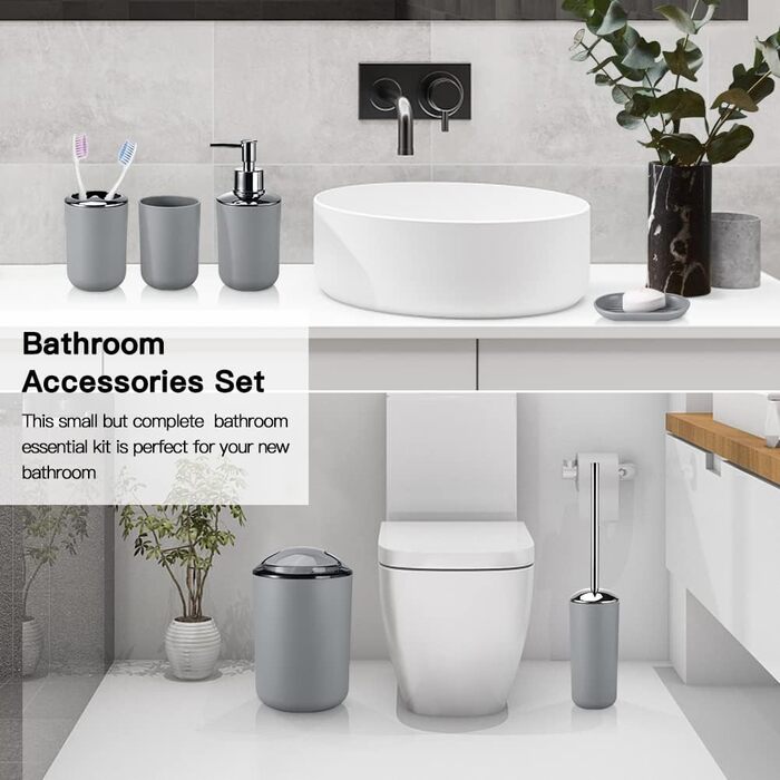 Набір аксесуарів для ванної кімнати Otostar сірого кольору: бамбук, тримач для ватних паличок, дозатор мила, тримач для зубних щіток, миска для мила, тримач для унітазу, сміттєвий бак, пластик (6 предметів)