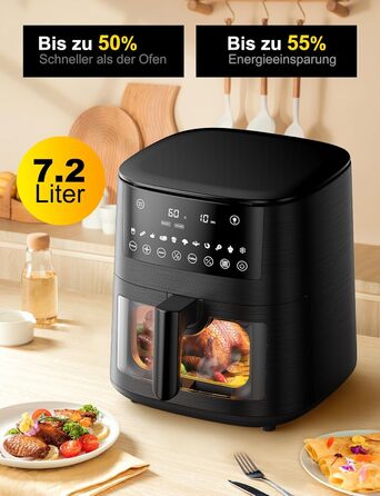 Фритюрниця повітряна Airfryer 7.2L, 11-в-1 з вікном, функція підігріву, розморожування, нагадування про струшування та таймер, здорова без олії, приготування з низьким вмістом жиру