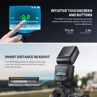 Спалах для камери Godox V480C Canon з сенсорним екраном, GN50, TTL, 2.4G Wireless, 1/8000 HSS, 650 J, 1.7s час відблиску, Li-ion акумулятор 7.2V/2200mAh