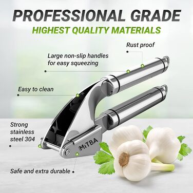 MiTBA Garlic Press Set with Non-Slip Handles - Includes Crusher, Silicone Peeler & Cleaning Brush