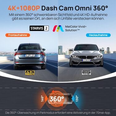 Відеореєстратор 70mai Dash Cam 4K Omni: 4K+1080P, 360° огляд, Dual STARVIS 2 HDR, GPS, WiFi, 4G LTE, 24/7 запис, AI-розпізнавання, нічне бачення, 128GB SD-карта