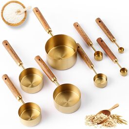 Набір мірних стаканів та ложок з нержавіючої сталі золотого кольору з дерев'яною ручкою, 8 шт. - для вимірювання сухих та рідких інгредієнтів (60мл - 250мл), для кухні та випічки