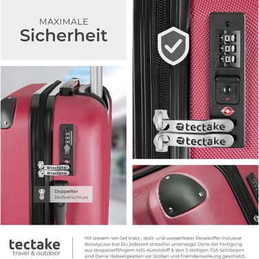 Набір валіз Tectake 4-TLG: міцні валізи з колесами 360°, TSA-замком, великий об'єм, роздільний внутрішній простір, ручна валіза на телескопічному стійці - шампань (винно-червоний)