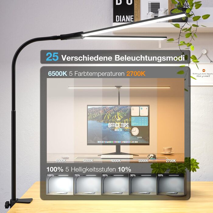 Світлодіодна лампа настільна для офісу та дому, світло для монітора, 1400 люмен, регульована яскравість, кріплення-затискач, лампа для робочого місця, гусяча шия, подвійний насадки, 5 режимів кольору та рівнів яскравості, білий колір (чорний, 80 см)