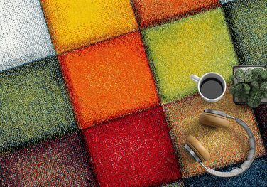 Monde Deluxe Living Room Carpet, Hand Carved, Short Pile, Colorful, Multicolored, Blue, Red, Brown, Green, Grey, Checkered, 80 x 150 cm, Multicolored