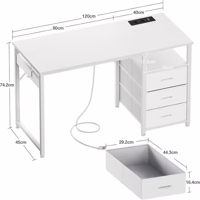 ODK Desk with 3 Fabric Drawers, Computer Desk with 2 Sockets and USB Ports, Reversible PC Desk Office Desk for Home Office (White, 120x48x75.5 cm) 120x48x75.5cm White