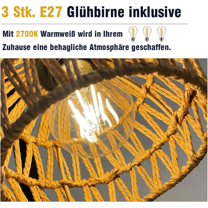 Стійка лампа ShineMuse Boho з ротангу, чорна, вінтаж, 170 см, 3 E27, LED, диммер, для вітальні
