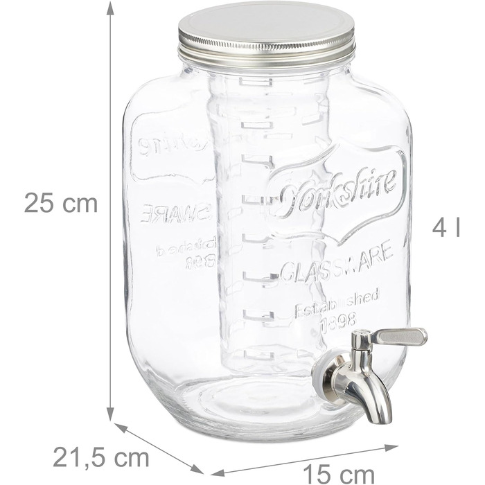 Диспенсер для напоїв Relaxdays з вставкою для фруктів, 4 л, кран та кришка, глечик, скло, метал, прозорий