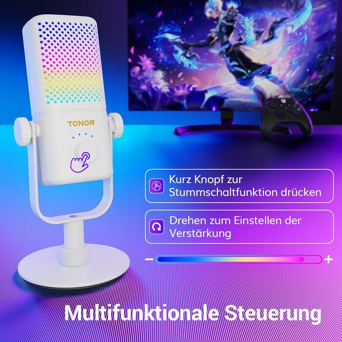 TONOR TCX3 Мікрофон для геймінгу з RGB підсвічуванням, конденсаторний, з регулюванням гучності та моніторингом, 30 годин роботи від акумулятора, сумісний з Xbox, Capture картами, для стрімінгу та подкастингу