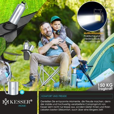 Крісло для кемпінгу KESSER® - складне, до 150 кг, з підлокітниками, високою спинкою, для риболовлі, відпочинку, пляжу, з підсвіткою, тримачем для напоїв, сумка, бежевий (антрацитовий/чорний)