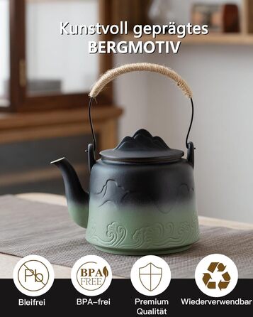 ZENS Design Japanese Teapot, 1000ml Gradient Embossed Japanese Teapot Ceramic with Built-in Strainer and Hemp Rope Handle for Loose Tea Steeper, Gift for Tea Lovers, Black & Bean Green