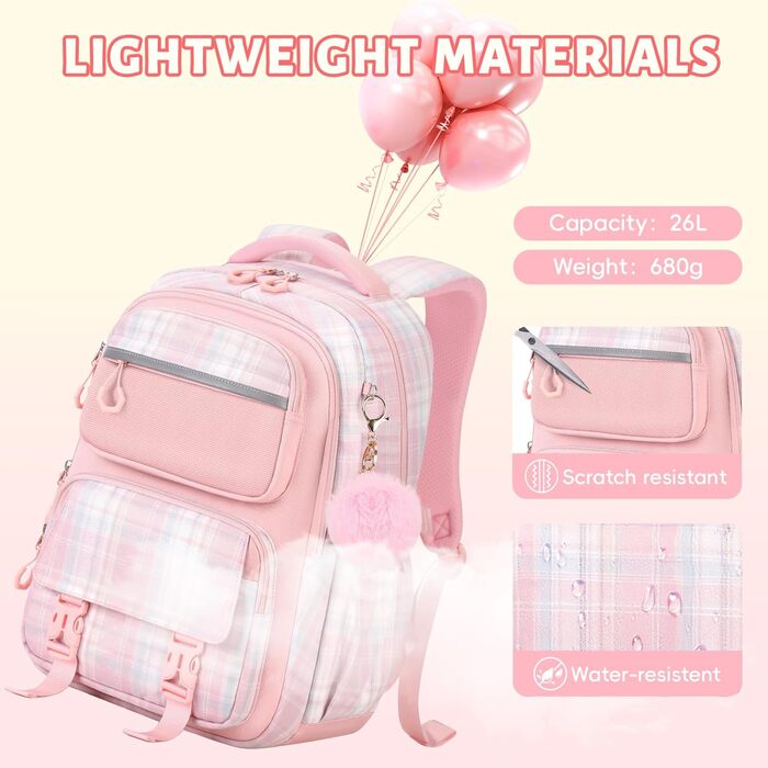 Шкільний рюкзак Tanou для дівчаток, ергономічний, великий, рожевий, з принтом в клітинку