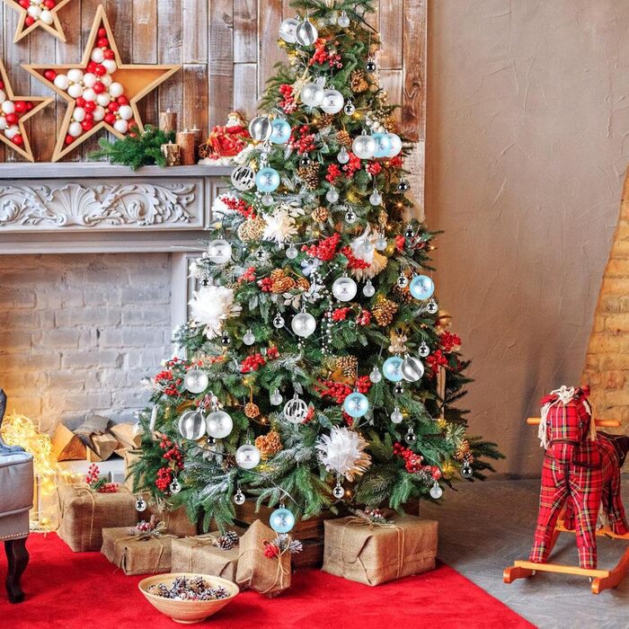 44 штуки прикрас для ялинки, декор на Новий рік, пластикові кулі для ялинки з подарунковим пакетом (срібно-блакитний)