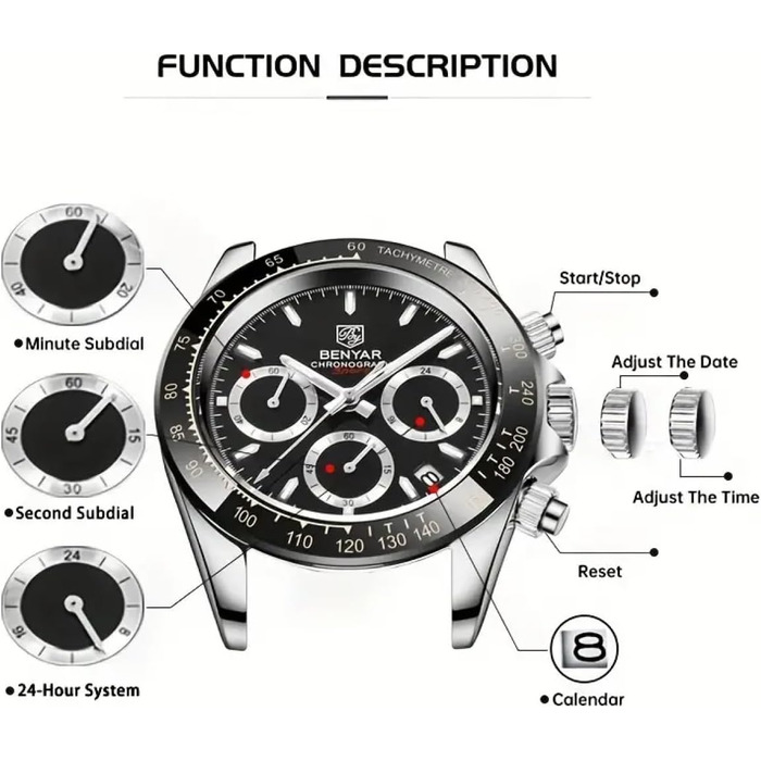 Чоловічий годинник BENYAR: Хронограф, кварцовий механізм, водонепроникний, з нержавіючої сталі, чорний. Стильний аксесуар для бізнесу, спорту та відпочинку.
