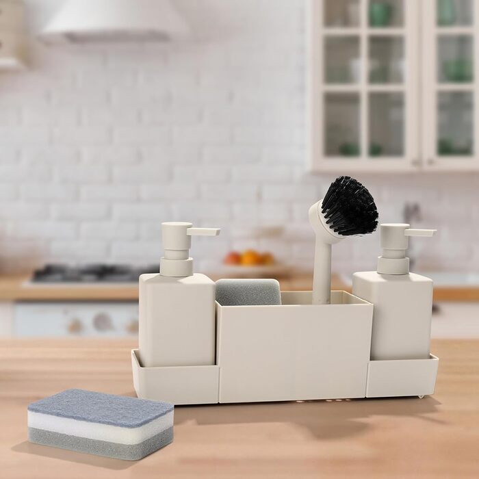 Dish Soap and Hand Soap Dispenser Kitchen Set with Sponge Holder and Brush, Dish Soap Dispenser Kitchen Black, Soap and Dish Soap Dispenser Set Kitchen Gadget Sink Organizer with Soap Dispenser (Beige, 4 in 1)