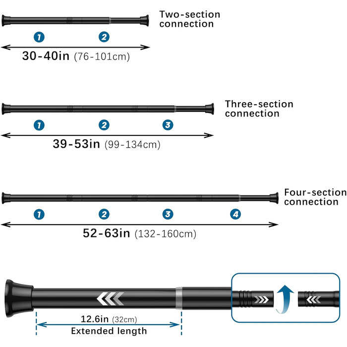 Штанга для душу без свердління AIZESI, 80-160 см, чорна, 1 шт. - регульована телескопічна штанга для вікна, шафи, ванної кімнати
