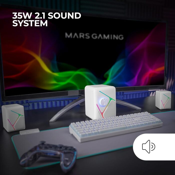 Mars Gaming MS-H21 RGB 2.1 Gaming-Lautsprecher: 35W сабвуфер, 3D звук, USB, 3.5mm, Білий