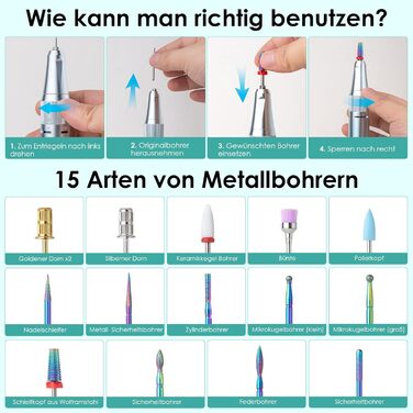 Електричний фрезер для манікюру та педикюру Profi Set 16 в 1 з LCD дисплеєм, 40000 об/хв, F/R, для гелевих нігтів, портативний, фіолетовий, блакитний, білий