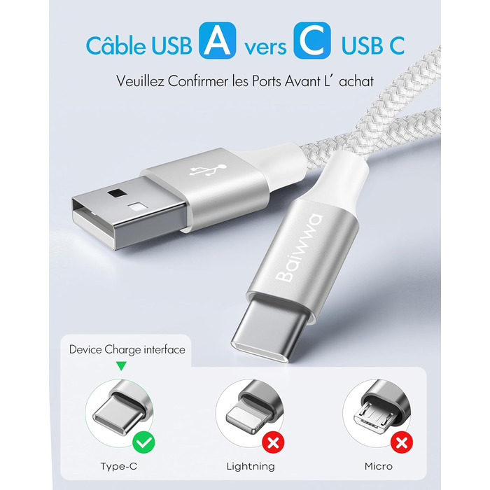 Кабель USB-A на USB-C, білий, 6 метрів. Швидка зарядка 3.1A для iPhone 15/16/17 Pro Max, Samsung Galaxy S4/S3/S/S1/A55/A54/A35/A5/A16