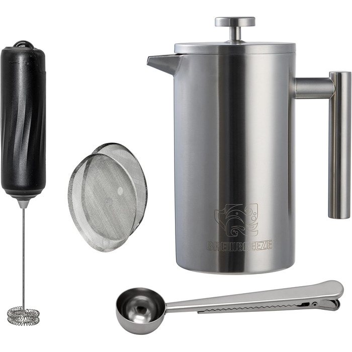 Набір для приготування кави френч-прес, 1 літр, з молочний спінювач, з нержавіючої сталі, термоізольований