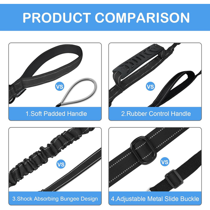 Міцна тактична повідок для собак Chioratree для середніх та великих собак, амортизуюча повідок-банджі з 2 м'якими ручками, страхувальний ремінь для авто, світловідбиваюча повідок для собак, Рожевий (1.2м-1.8м, Чорний)