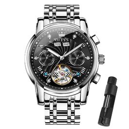 Чоловічий механічний годинник OLEVS з автопідзаводом, турбійоном та календарем, водонепроникний, сріблясто-чорний (7088)
