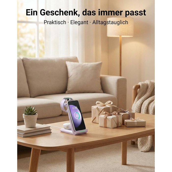Зарядна станція NANAMI 3-в-1 для Samsung Galaxy Watch, Buds та смартфонів (S25, S24, S23) - бездротова, індукційна, фіолетова