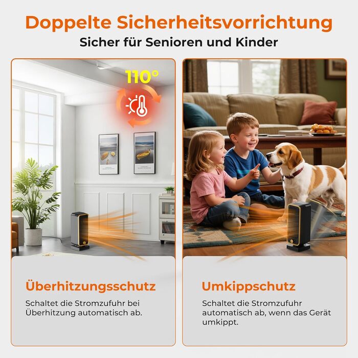 Електричний обігрівач PTC: тихий, енергоефективний, 900W, 3 режими, захист від перегріву та перекидання, для кімнат та спалень, чорний