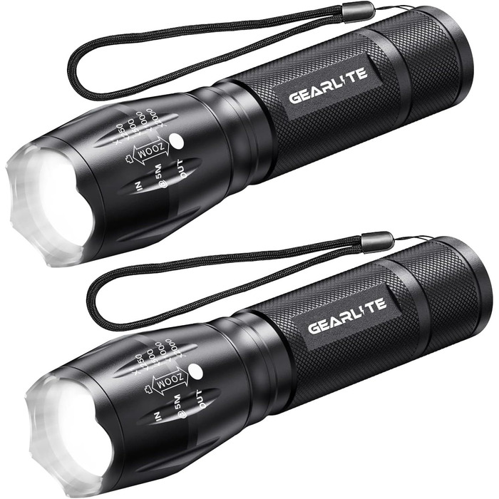 LED ліхтарик Gearlite 2 шт., 2000 люмен, 5 режимів, IP65, водонепроникний, для кемпінгу, туризму, дітей, чорний