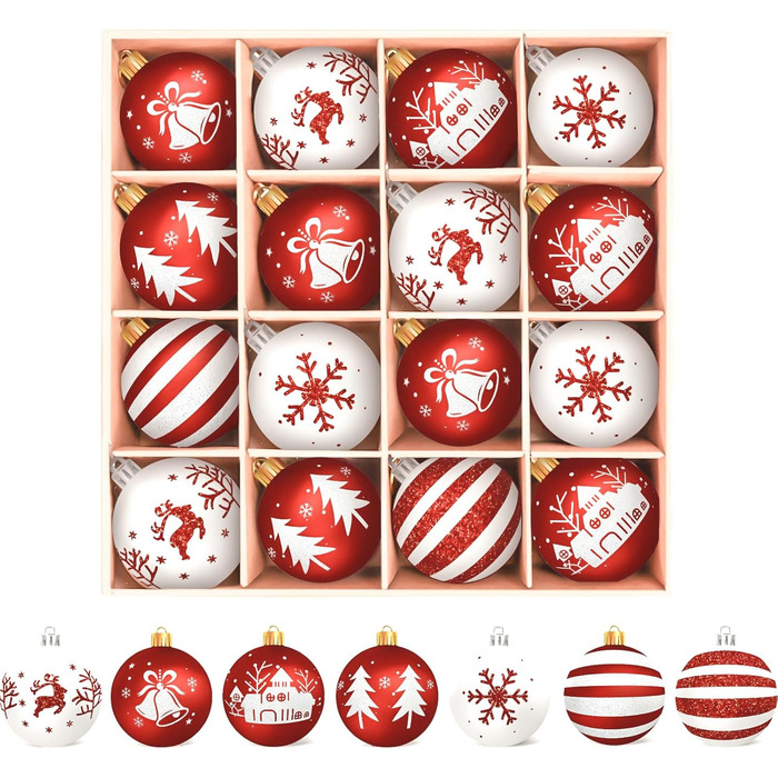 Шарм-кулі для ялинки з пластику, 16 шт. Червоні та білі прикраси для ялинки, з петелькою, набір