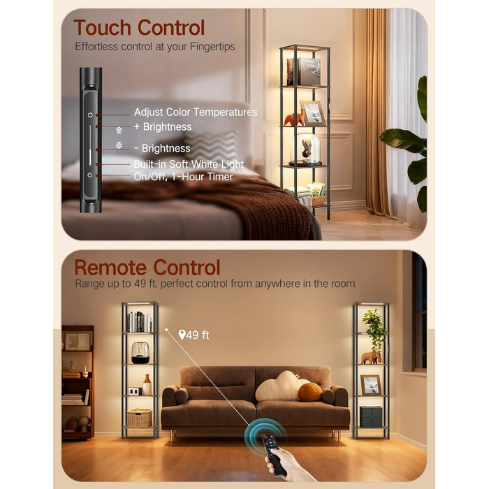 Стійка лампа з полицею, LED, регулювання яскравості, 3 колірні температури, сенсорне та дистанційне керування, полиця для книг, дерев'яна стійка, сучасний дизайн для вітальні, спальні, офісу (Rustic Brown)