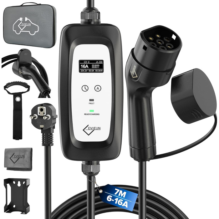 Кабель зарядки Schuko 3,6kW для електромобілів (5м, 6-16A) з регулюванням струму та дисплеєм | Сумісний з ID.3, ID.4, Model 3/Y, ZOE, Q3/Q5 та ін.