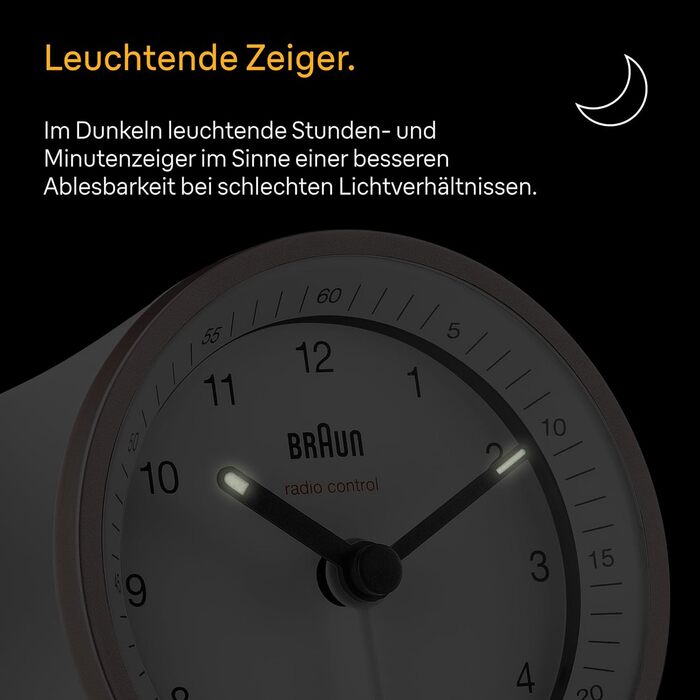 Classic analog radio alarm clock by Braun for the Central European Time zone (CET/GMT+1) with snooze function, lighting, quiet movement, crescendo alarm in white and rose, model BC07PW-DCF