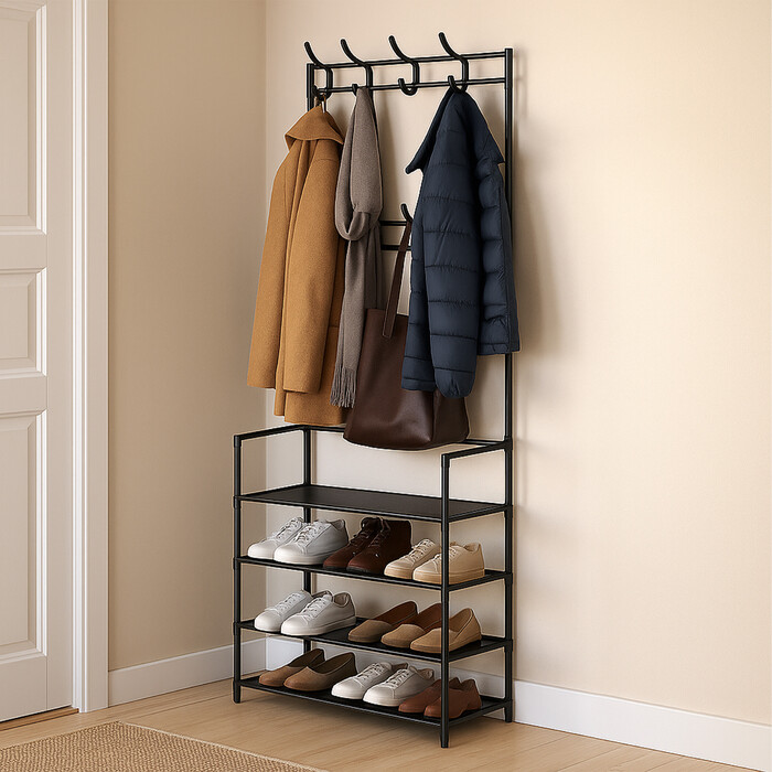 Relaxdays Coat Rack with 4 Shelves - Black