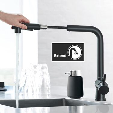 Змішувач кухонний Rozin для мийки, чорний матовий, з висувною лійкою, поворотний 360°, 2 режими, для кухні