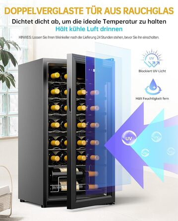 WIE 33 Liter Wine Fridge - 1 Zone Mini Wine Cooler with Glass Door & LED Touch Panel - Anti-UV Wine Storage for 28 Bottles