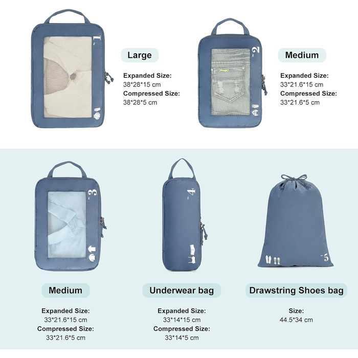 Органайзер для валізи ECOHUB 5шт. Набір кубиків-компресорів для подорожей (темно-зелений, небесно-блакитний)